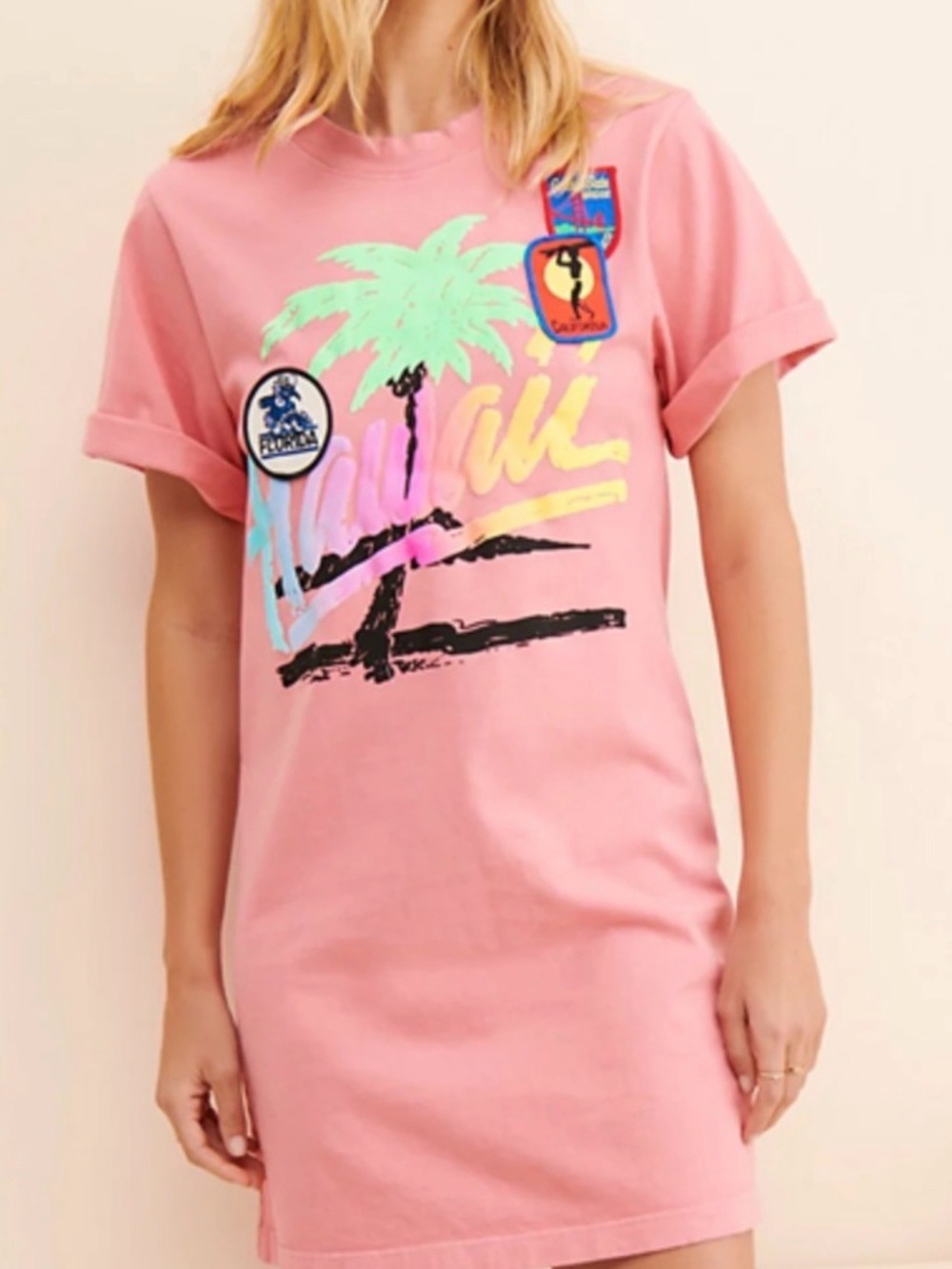 Riley Pink Tee Dress with Embroidered Label and Patch